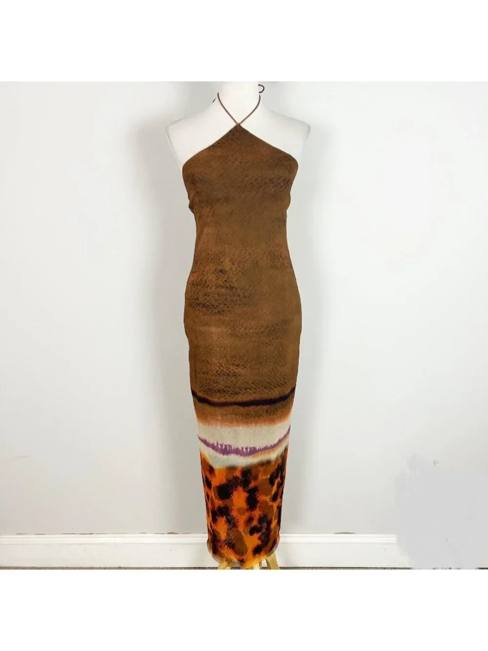 Zara Mesh Overlay Maxi Dress Earthy Boho Sundress Halter Size Small Women's